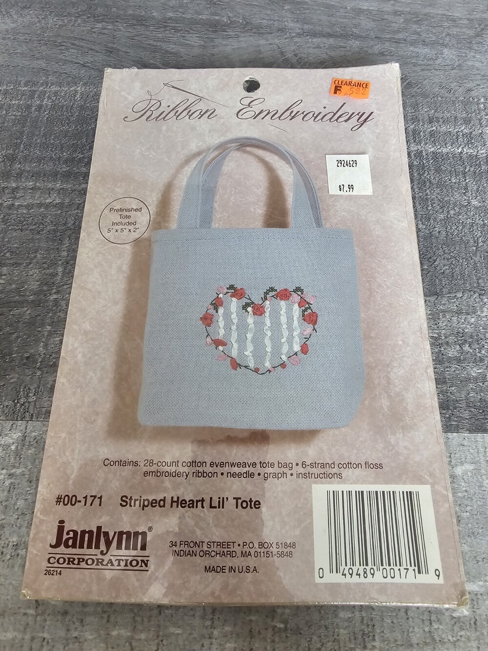 Janlynn "Striped Heart Lil' Tote" Floral Ribbon Embroidery Kit 5x5x2" New 121c